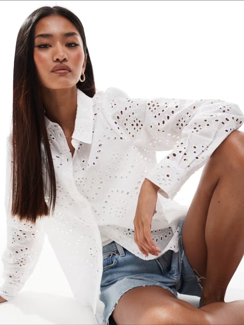 Adiva Cottagecore  100% White Cotton Eyelet Button Down Large